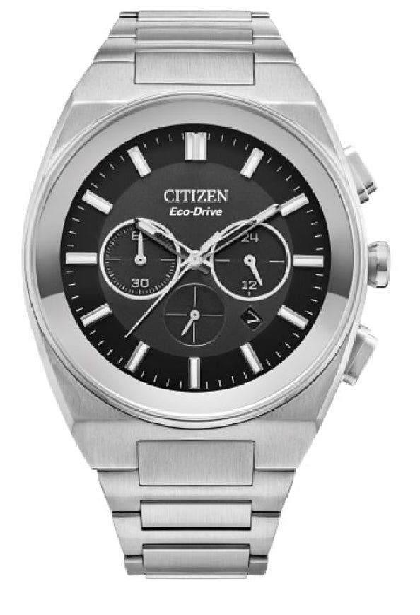 Gent's silver tone CITIZEN ECO-DRIVE watch with stainless steel bracelet and black dial #CA4580-50E