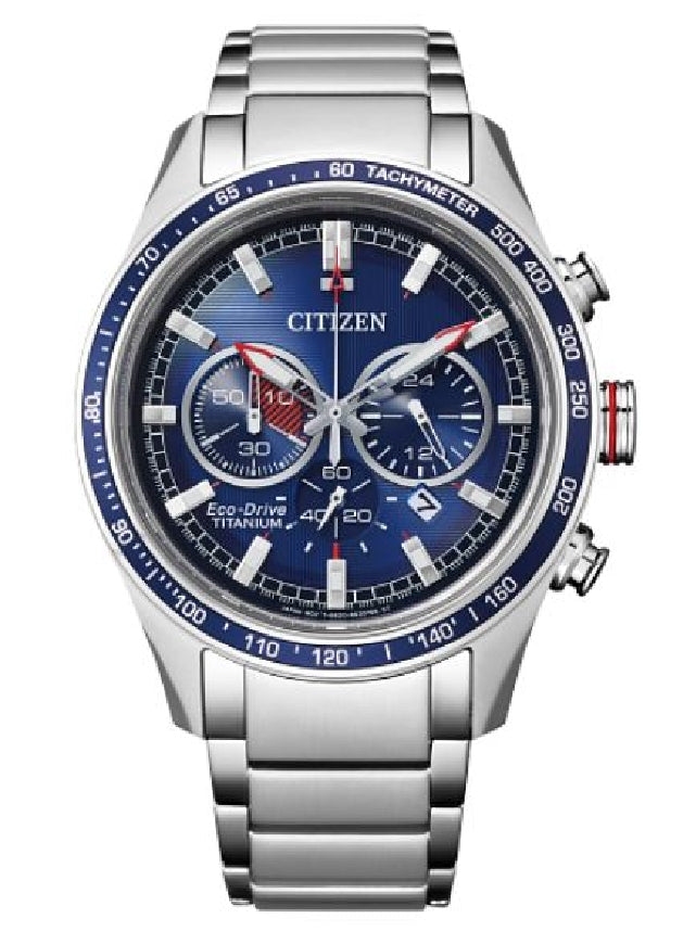 Gent's Titanium CITIZEN ECO-DRIVE 'SPORT LUXURY' chronograph watch with blue dial #CA4490-85L