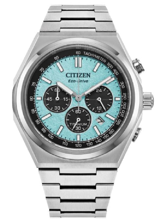 Gent's silver tone CITIZEN ECO-DRIVE 'Sport' watch with titanium bracelet and light blue dial #CA4610-85M