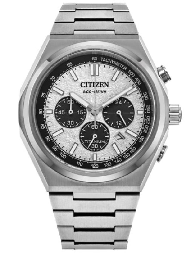 Gent's silver tone CITIZEN ECO-DRIVE 'Sport' watch with titanium bracelet and white dial #CA4610-85A