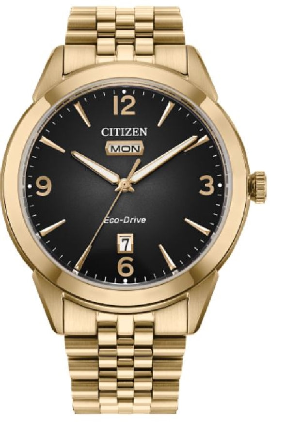 Gent's gold tone stainless steel CITIZEN ECO-DRIVE 'Rolan' watch with brown dial #AW0152-58H