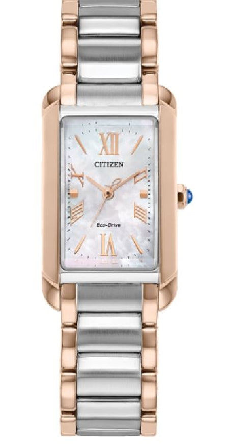 Lady's two tone stainless steel CITIZEN ECO-DRIVE 'L Bianca' watch with rectangle mother-of-pearl dial   #EW5624-54Y