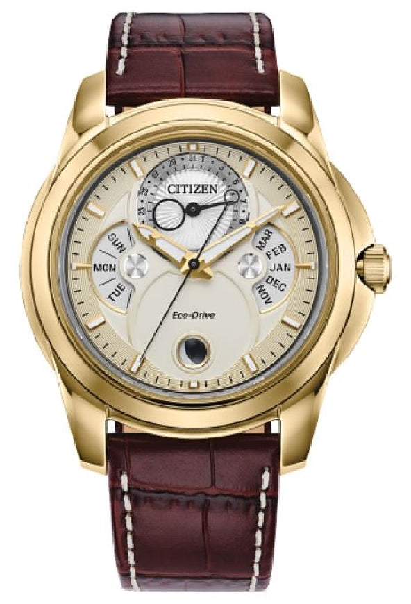 Gent's gold tone CITIZEN ECO-DRIVE 'Calendrier' watch with a brown leather strap #BU0082-06P