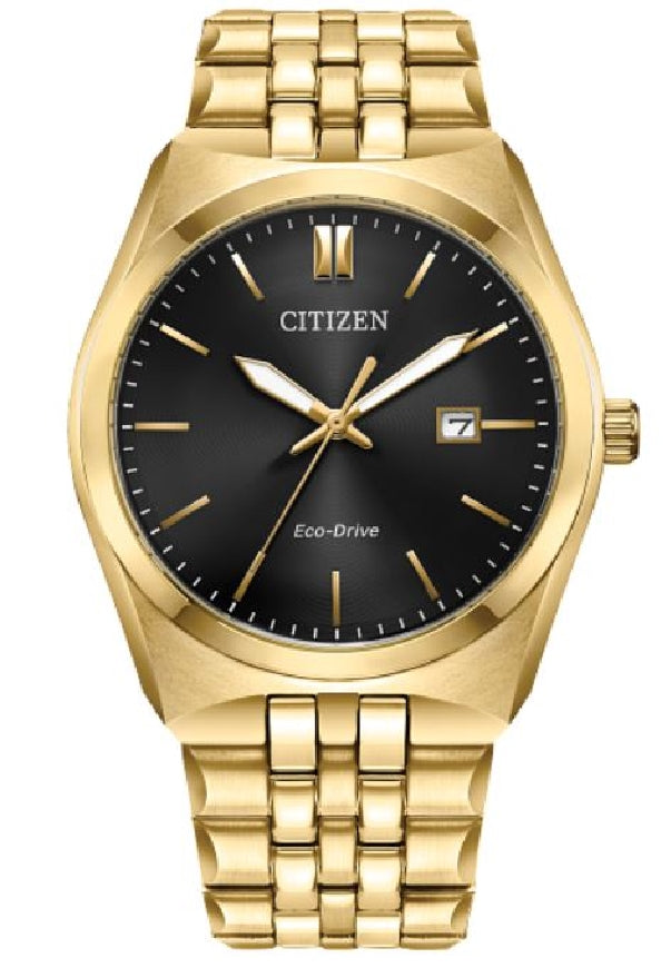 Gent's gold-tone stainless steel CITIZEN ECO-DRIVE 'Corso' watch with black three-hand dial  #BM7333-85E