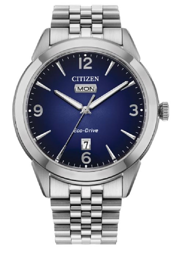Gent's stainless steel CITIZEN ECO-DRIVE 'Rolan' watch with blue dial #AW0150-53L