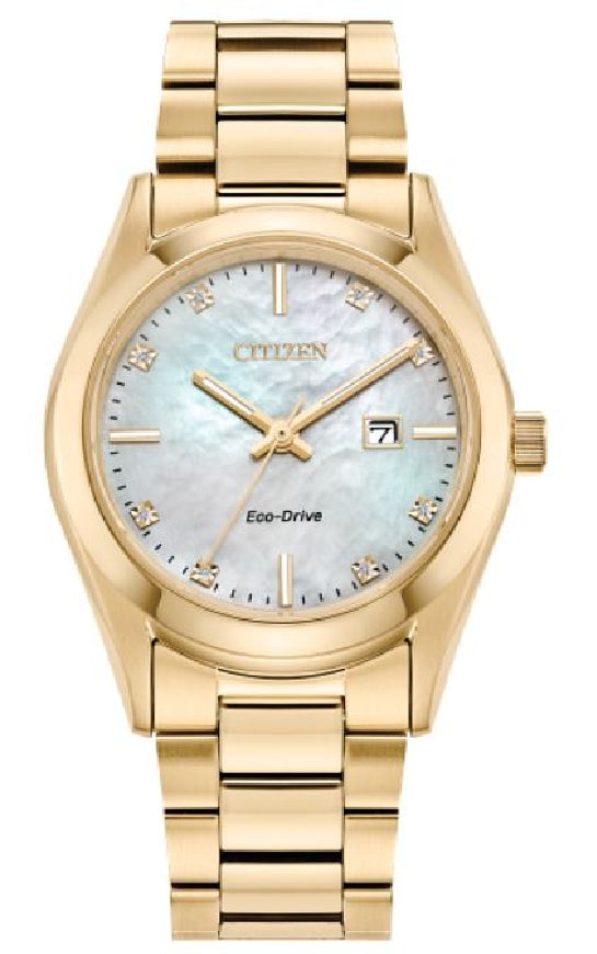 Lady's gold tone stainless steel CITIZEN ECO-DRIVE 'Sport Luxury' watch with mother of pearl dial and diamond accents #EW2702-59D