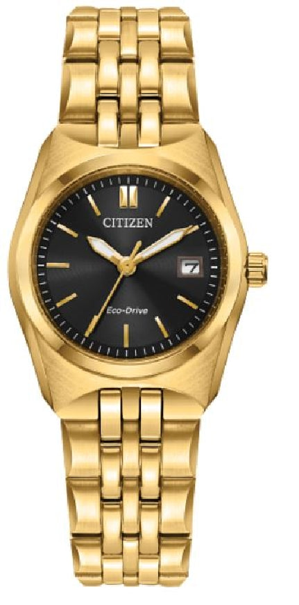 Lady's gold tone stainless steel CITIZEN ECO-DRIVE 'Corso' watch with dark brown dial  #EW2293-56E
