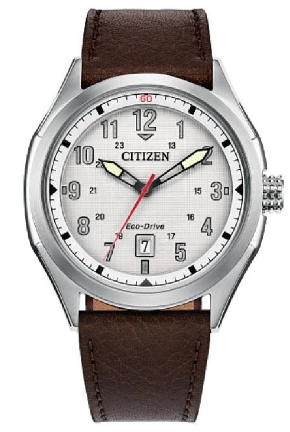 Silver tone stainless steel CITIZEN ECO-DRIVE 'Terra Force' watch with brown leather strap #AW1890-19B