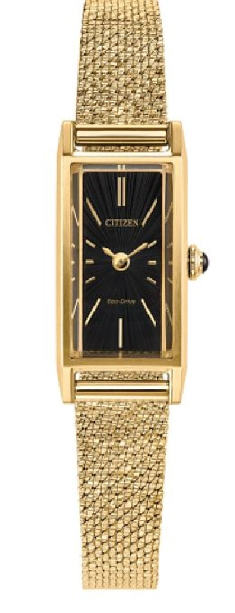 Gold tone stainless steel CITIZEN ECO-DRIVE 'Fio' watch with a black sunray dial #EG7128-59E
