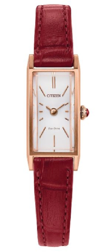 Rose gold tone stainless steel CITIZEN ECO-DRIVE 'Fio' watch with a silver sunray dial and red leather strap #EG7123-01A