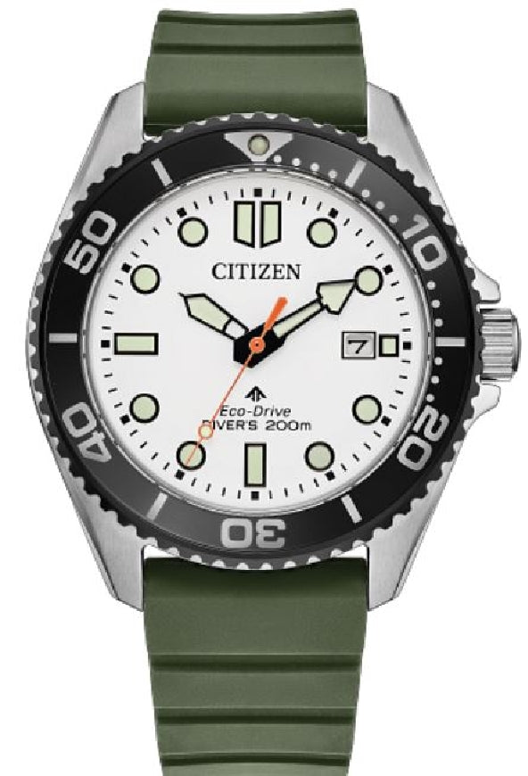 Gent's CITIZEN ECO-DRIVE 'Promaster Dive' stainless steel watch with matte white dial and forest green strap   #BN0265-00A