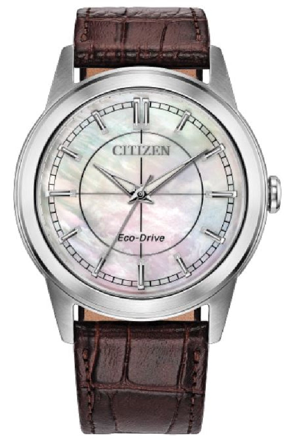 Gent's stainless steel CITIZEN ECO-DRIVE 'Rolan' watch with mother-of-pearl dial and brown leather strap    #FE7130-10D