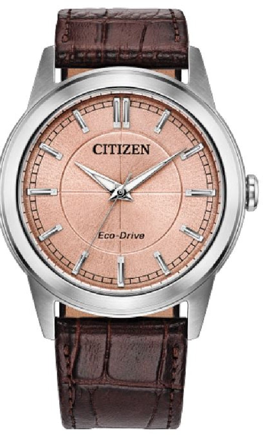 Gent's stainless steel CITIZEN ECO-DRIVE 'Rolan' watch with salmon coloured dial and brown leather strap    #AW2110-14Z