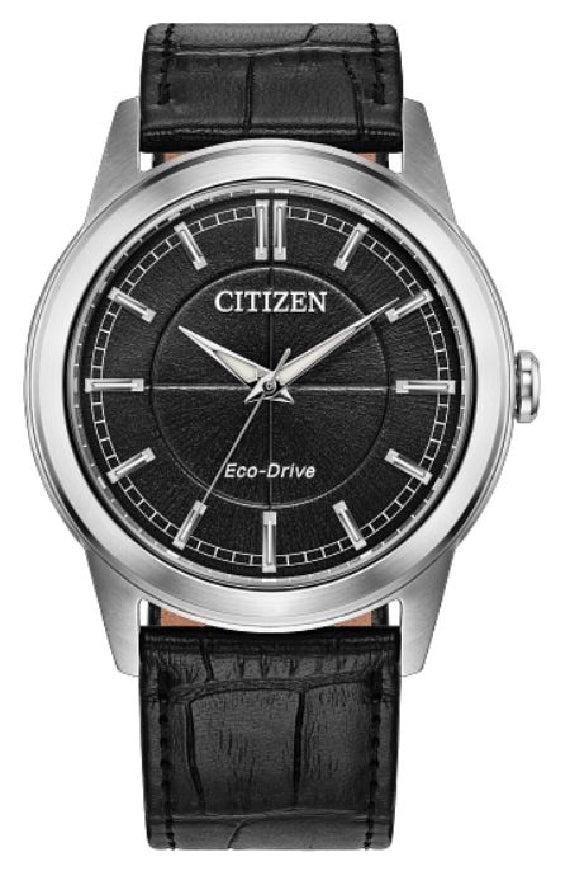 Gent's stainless steel CITIZEN ECO-DRIVE 'Rolan' watch with black dial and black leather strap    #AW2110-06E