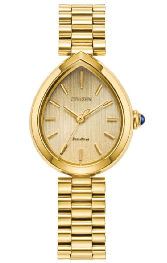 Gold-tone stailess steel CITIZEN ECO-DRIVE 'L Rainell' watch with a raindrop - shaped face  #EM1202-50P