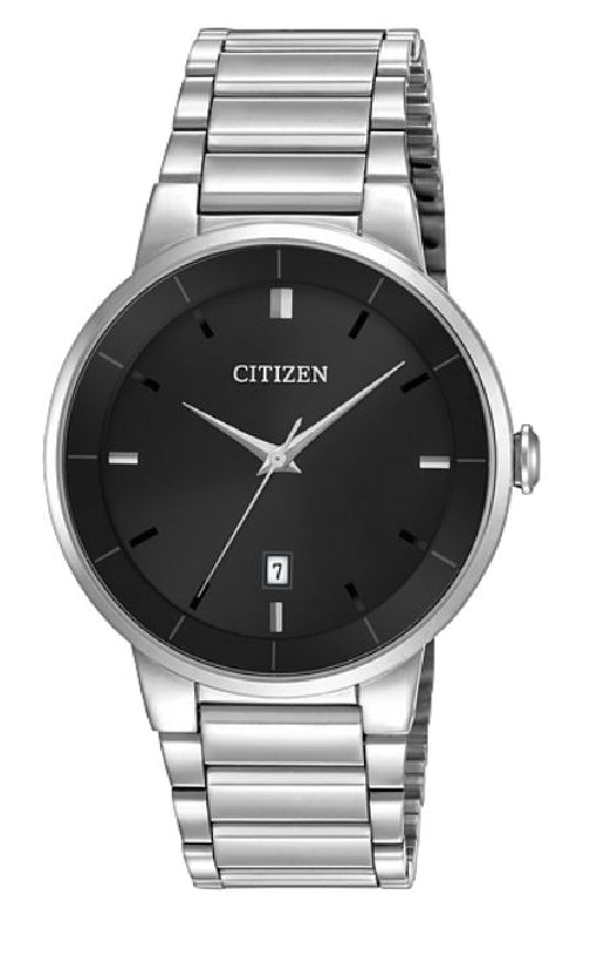 Gent's silver tone CITIZEN quartz watch with black face
#BI5010-59E 