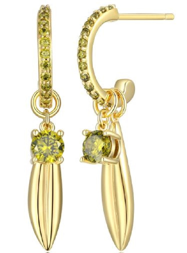 Sterling silver REIGN gold plated hoop earrings with removable  charm set with olive green cubic zirconia