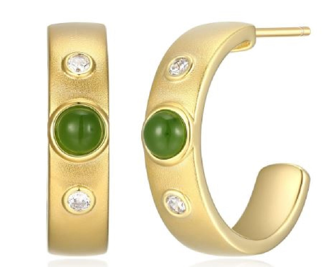 Sterling silver REIGN gold plated hoop earrings set with jade and cubic zirconia