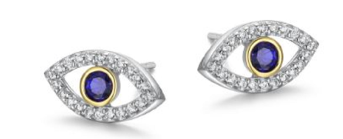 Sterling silver REIGN cubic zirconia and created blue saphhire two tone evil eye protection stud earrings