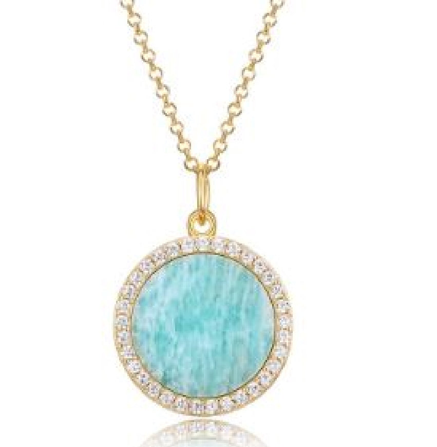 Sterling silver gold plated REIGN round locket set with a genuine peru amazonite and cubic zirconias on a 18' length chain