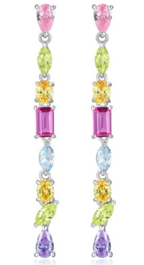 Sterling silver REIGN rainbow multi-stone long linear drop earrings