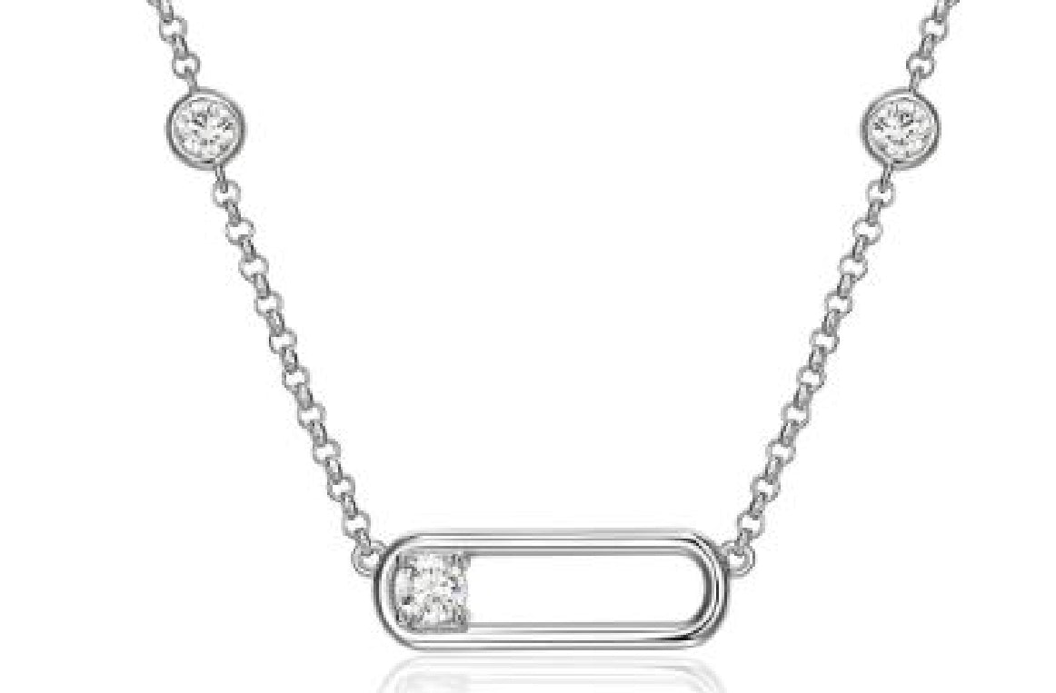 Sterling silver REIGN paperclip necklace set with 2 cubic zirconia on a 16'+2' length chain