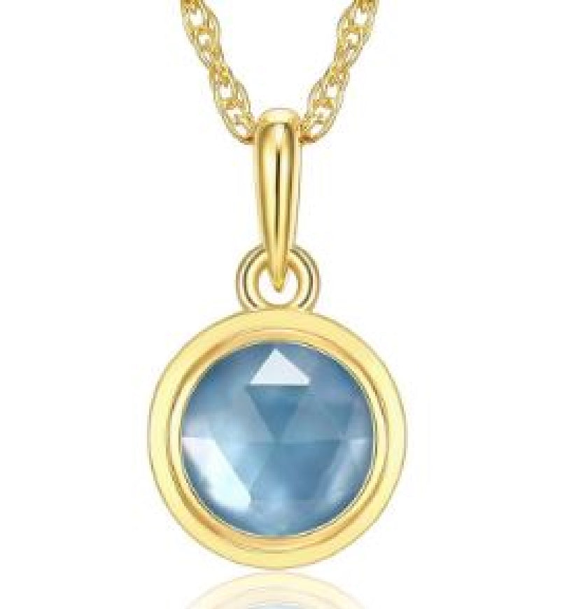 Sterling silver and gold plated REIGN birthstone necklace (March) set with a genuine white crystal and blue shell doublet on a 16+2' length chain