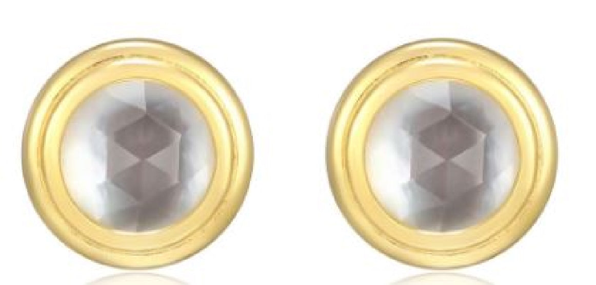 Sterling silver and gold plated REIGN birthstone stud earrings (April) set with a genuine white crystal and white mother of pearl doublet