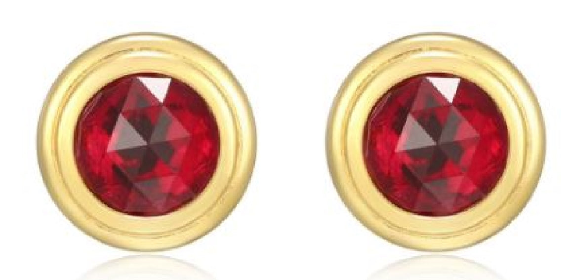 Sterling silver and gold plated REIGN birthstone stud earrings (July) set with a created ruby