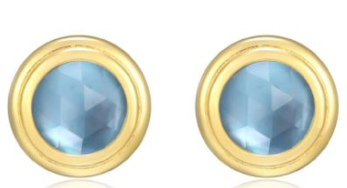 Sterling silver and gold plated REIGN birthstone stud earrings (March) set with a genuine white cyrstal and blue shell doublet