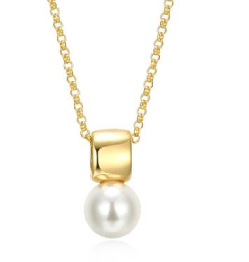 Sterling silver and gold plated REIGN 8mm white shell pearl pendant necklace on a 18+2' length chain