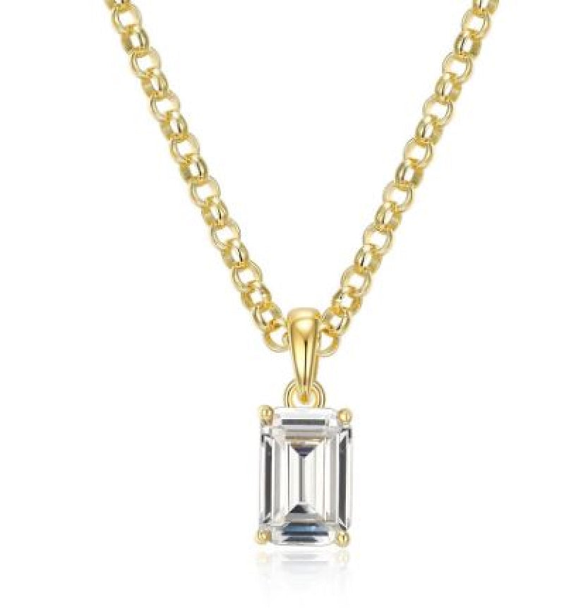 Sterling silver and gold plated REIGN cubic zirconia emerald cut solitaire necklace on a 18+2' length chain