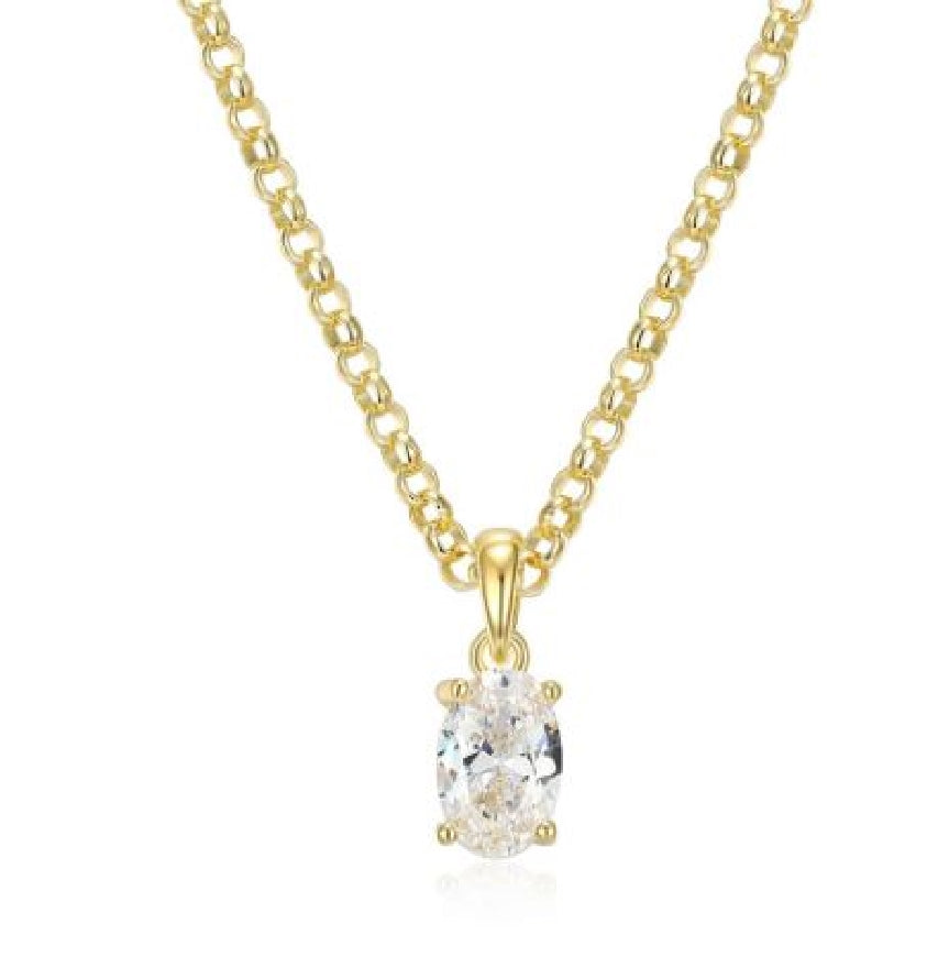 Sterling silver and gold plated REIGN cubic zirconia oval solitaire necklace on a 18+2' length chain