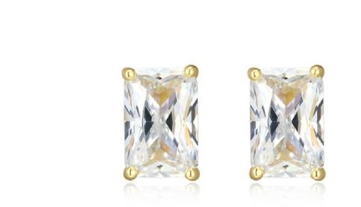 Sterling silver and gold plated REIGN cubic zirconia emerald cut stud earrings