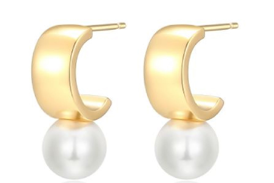 Sterling silver and gold plated REIGN white shell pearl huggie earrings