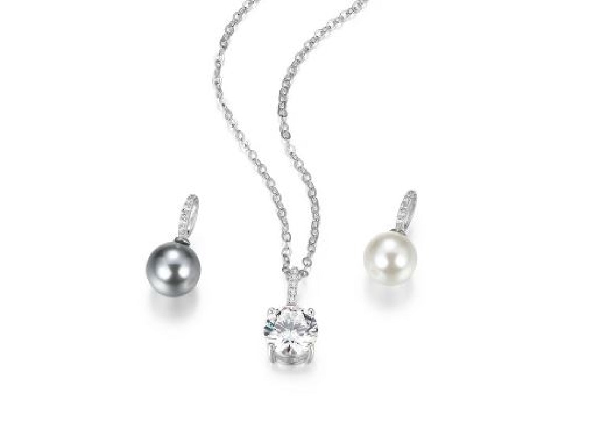 Sterling silver REIGN 3-in-1 interchangeable necklace with cubic zirconia, grey conch pearl and white shell pearl solitaire pendants on a 16'+2' length chain