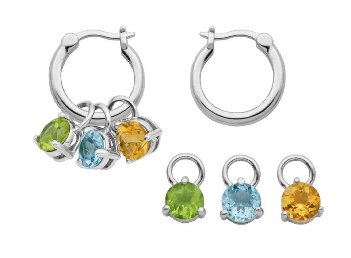 Sterling silver hoop earrings with 3 interchangable 6mm genuine birthstone charms in Citrine, Peridot and Blue Topaz