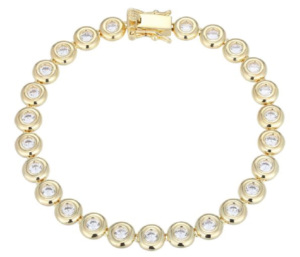 Sterling silver gold plated REIGN tennis bracelet, bezel set with 3mm cubic zirconia in 6.75' length