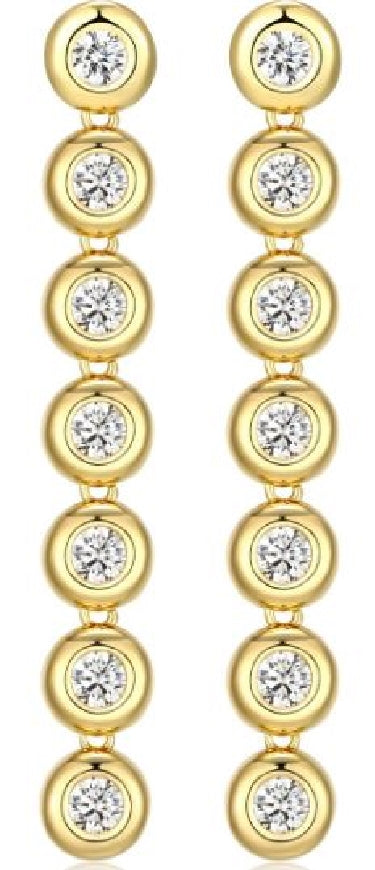 Sterling silver gold plated REIGN long drop earrings, bezel set with cubic zirconia 