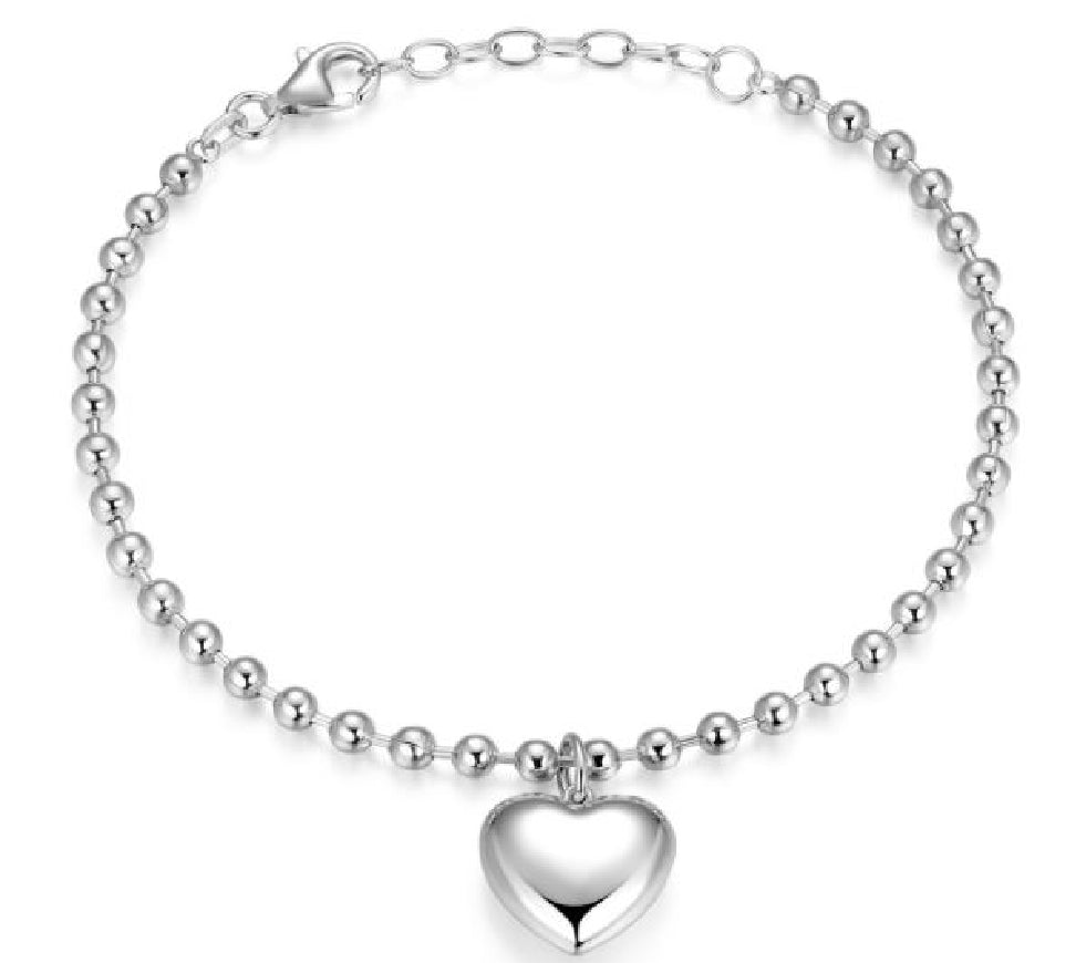 Sterling silver REIGN heart charm bead bracelet in 6.5+1' length