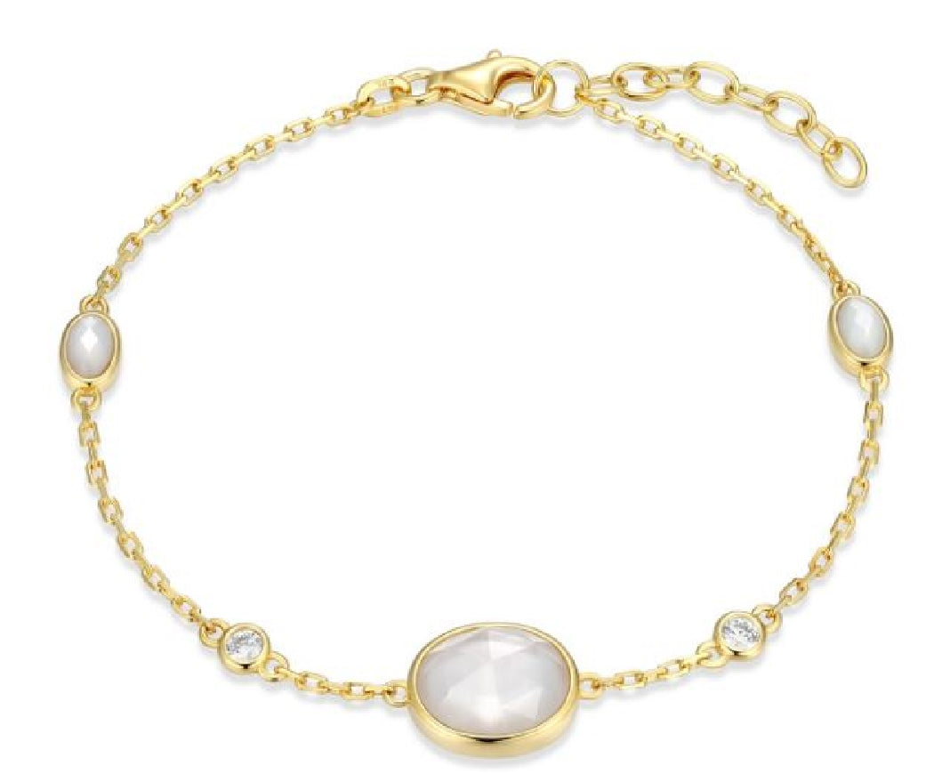 Sterling silver gold plated REIGN mother of pearl and crystal bracelet in 6.5+1' length