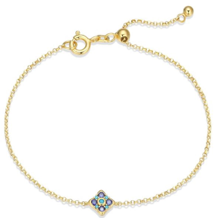 Sterling silver gold plated REIGN tanzanite CZ and turquoise adjustable mini flower bracelet in 7.5'length