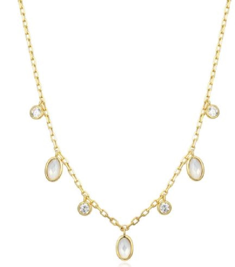 Sterling silver gold plated REIGN mother of pearl and cubic zirconia multi-drop necklace in 16+3' length