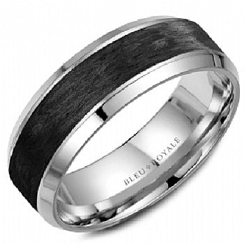 Gents 14kt white gold and forged black carbon fibre BLEU ROYALE wedding band in 7.5 mm width
Ring size = 10