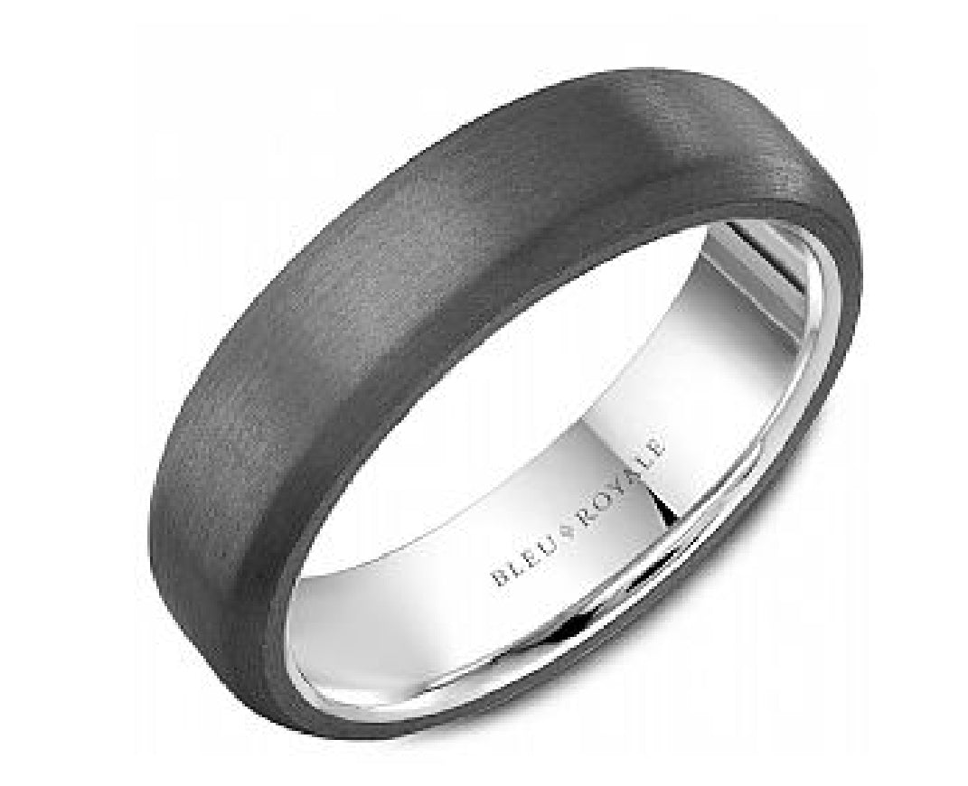 Gent's 14kt white gold and Tantalum BLEU ROYALE Designer wedding band in 6mm width with sandpaper top
Ring size = 10