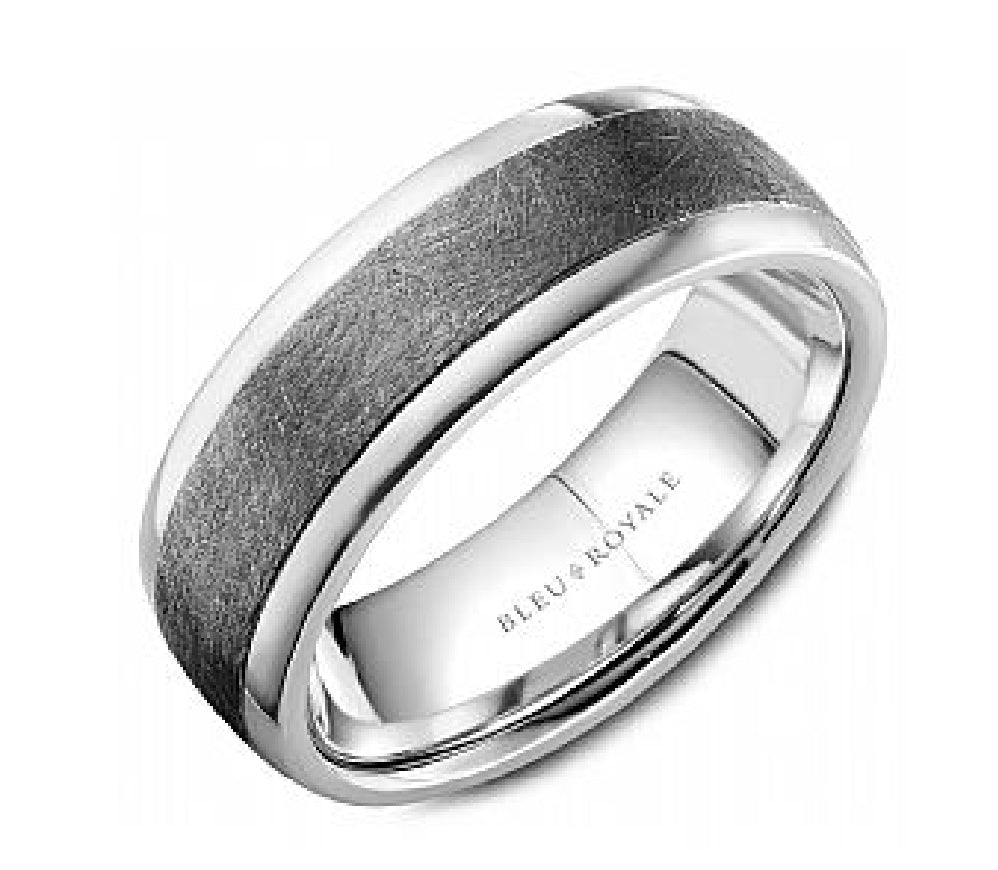 Gent's 14kt white gold and Tantalum BLEU ROYALE Designer wedding band in 7.5mm width with Diamond brush top and high polish edges
Ring size = 10