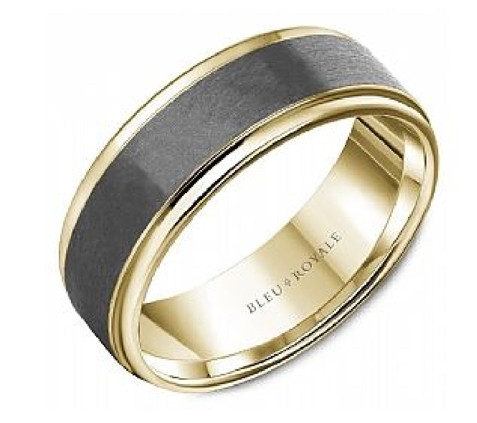 Gent's 14kt yellow gold and Tantalum BLEU ROYALE Designer wedding band in 7.5mm width with sandpaper finish top
Ring size = 10