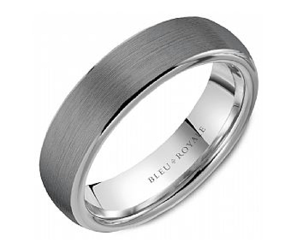 Gent's 14kt white gold and Tantalum BLEU ROYALE Designer wedding band in 6mm width with sandpaper centre and high polish edges
Ring size = 10