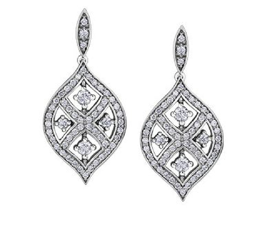 Lady's 14kt white gold MAPLE LEAF DIAMONDS earrings set with 10 round brilliant cut CANADIAN diamonds = 0.33ct tw and 100 round brilliant cut diamonds = 0.50ct tw