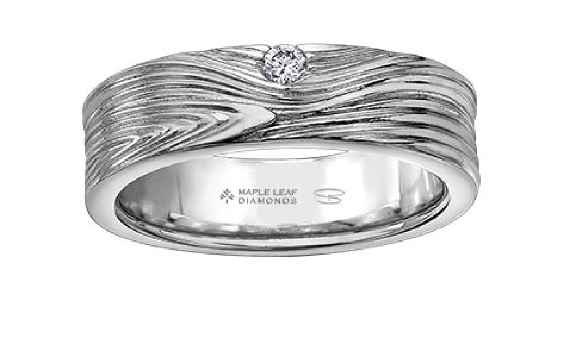 14kt white gold MAPLE LEAF DIAMONDS wedding band set with 
1 x 0.08ct round brilliant cut CANADIAN diamond